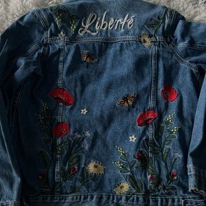 Embroidered Denim Jacket with Floral and Butterfly Design